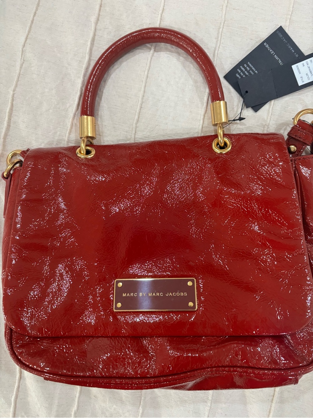 Marc By Marc Jacobs Red Patent Top-Handle Satchel with Gold Hardware